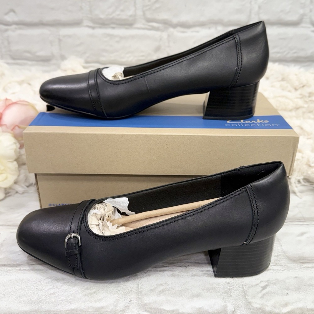 Clarks Marilyn Nora Pumps Black Leather All Day Block Heel Slip On Shoes 11M NEW